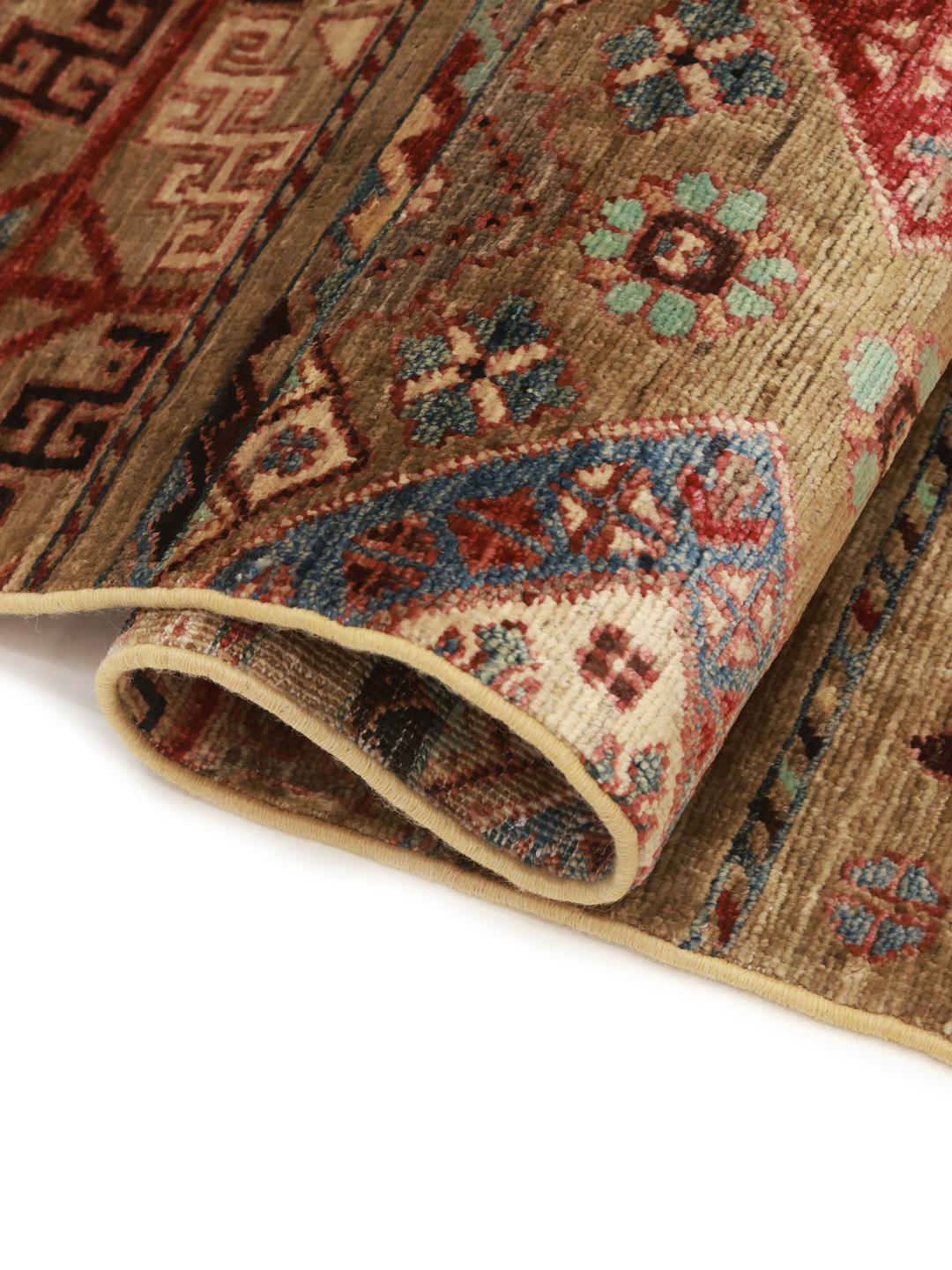 Hand-knotted runner from Afghanistan in brown with geometric patterns