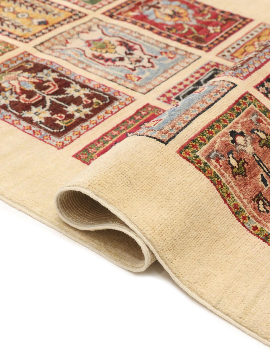 Hand-knotted Afghan runner with colourful floral grid panels on a beige background.