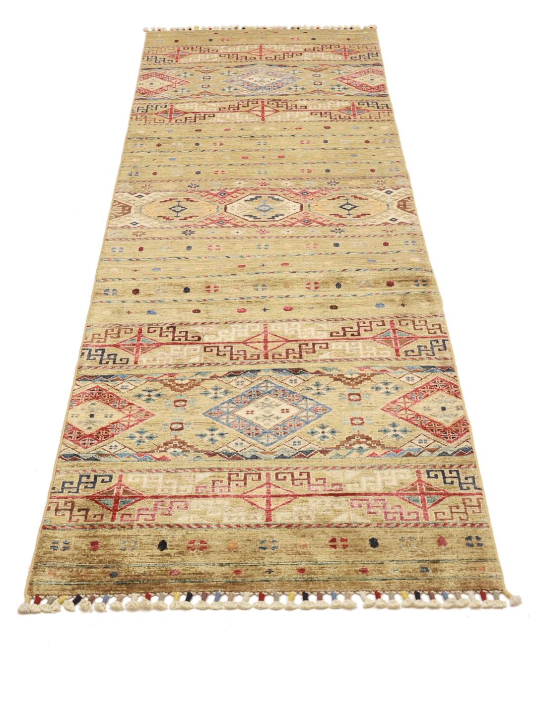 Hand-knotted Afghan runner rug in brown with geometric patterns