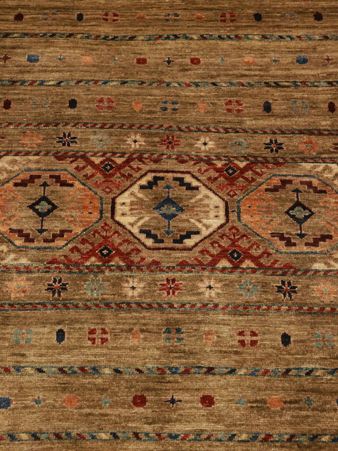 Hand-knotted Afghan runner rug in brown with geometric patterns