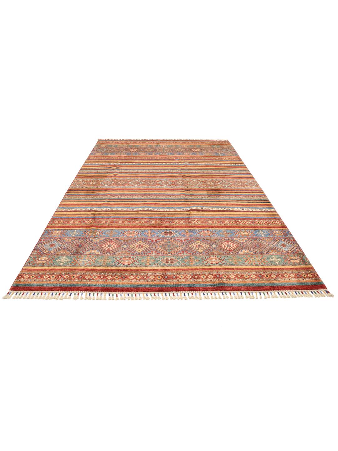 Covor afgan înnodat manual cu modele geometrice vibrante din lână multicoloră
