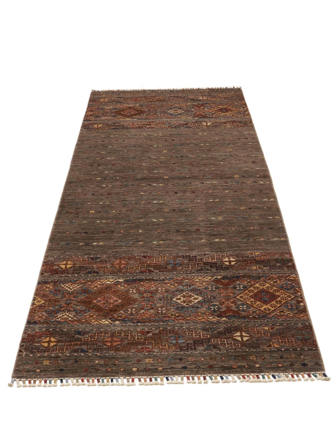 Hand-knotted Afghan runner in brown with geometric border patterns