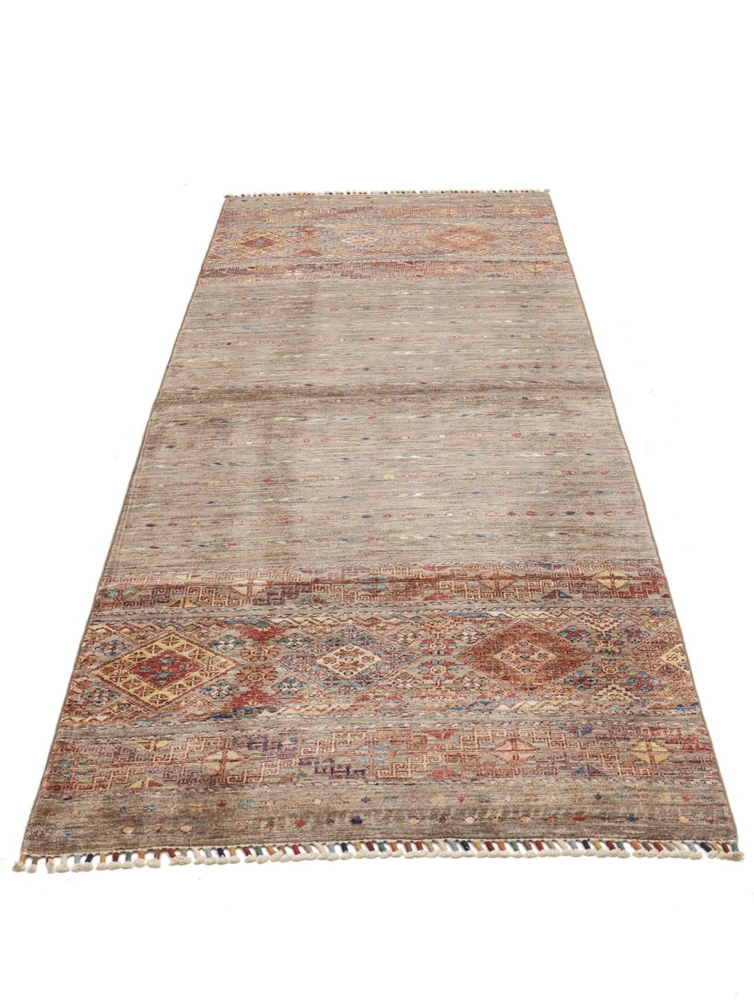 Hand-knotted Afghan runner in brown with geometric border patterns