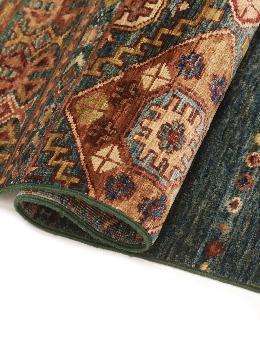 Handgeknoopte Afghaanse loper in donkerblauw met geometrische motieven