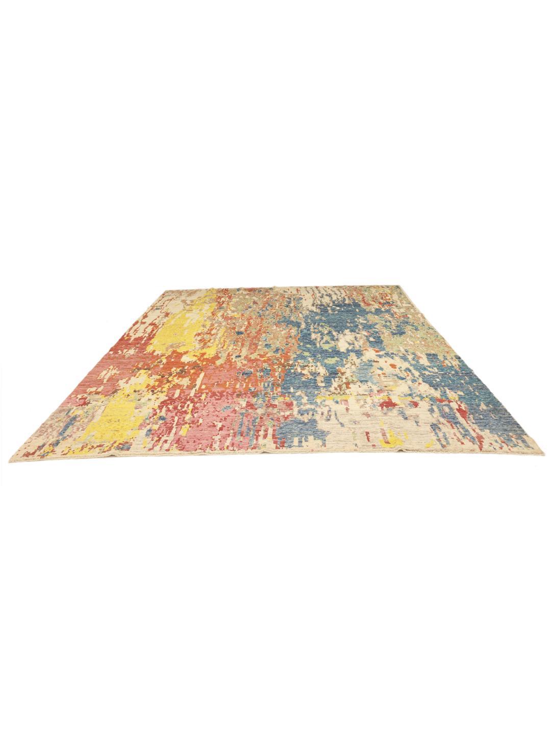 Handgeknoopt Afghaans tapijt met een kleurrijk abstract patroon in multicolor wol.