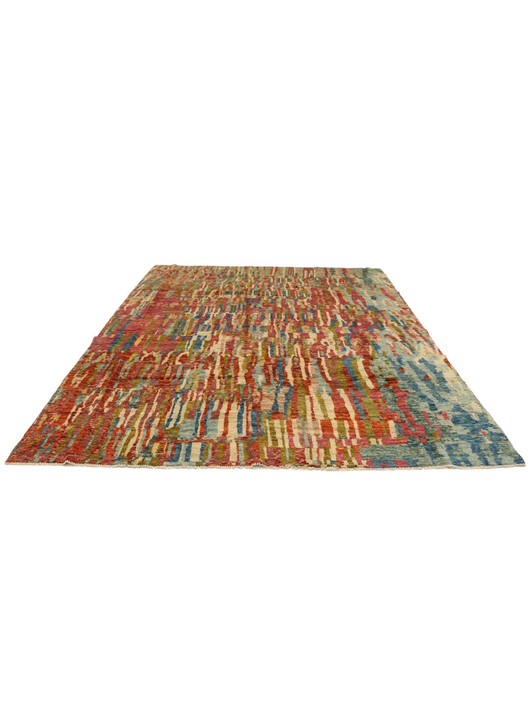 A large, hand-knotted Afghan rug featuring a vibrant, multicolored abstract pattern.