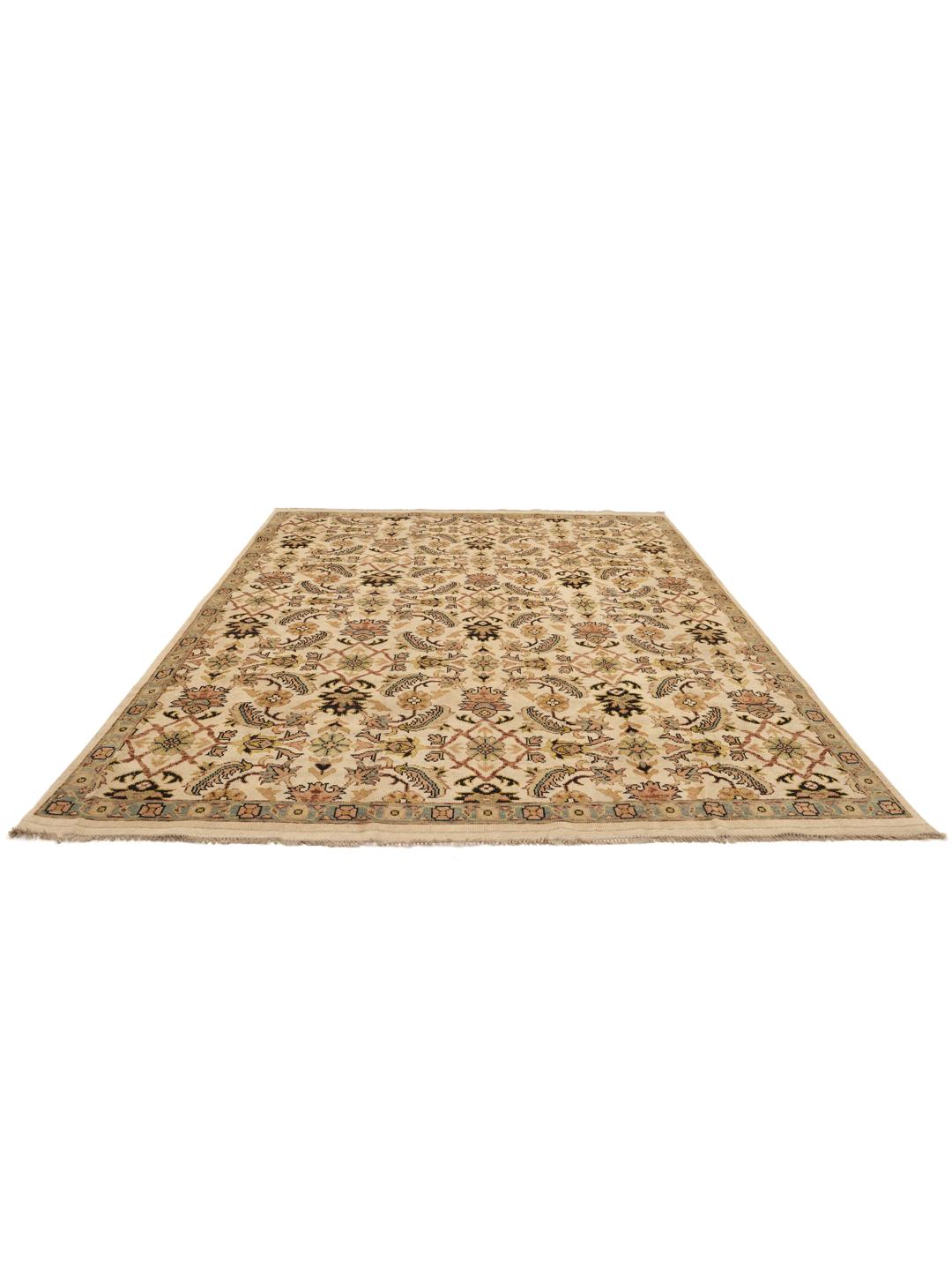 Handgeknoopt Afghaans Usak tapijt met bloemmotieven in beige en gedempte tinten