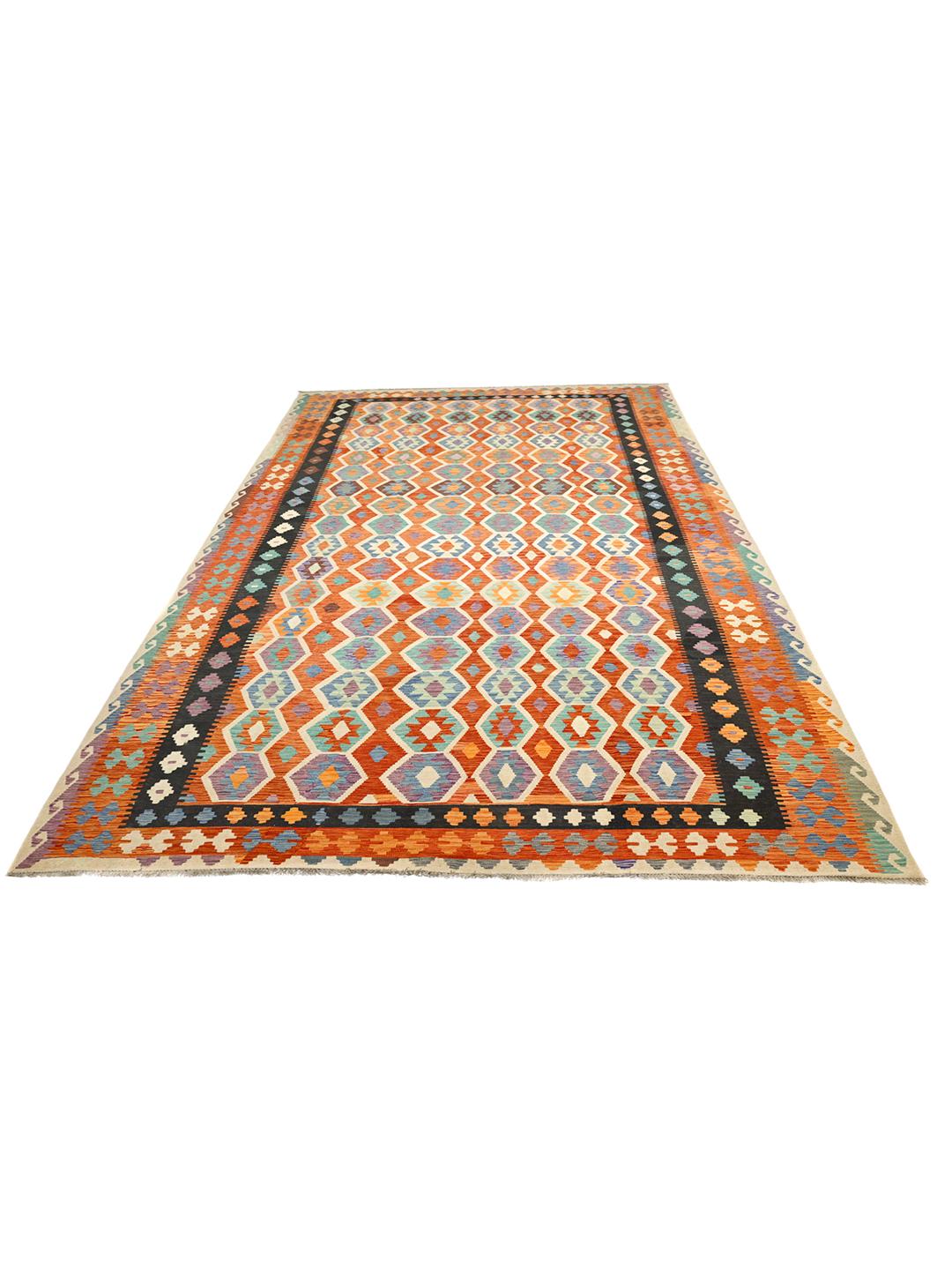 Ręcznie tkany dywan Kelim Afghan Old Style w kolorze pomarańczowym i wielokolorowym