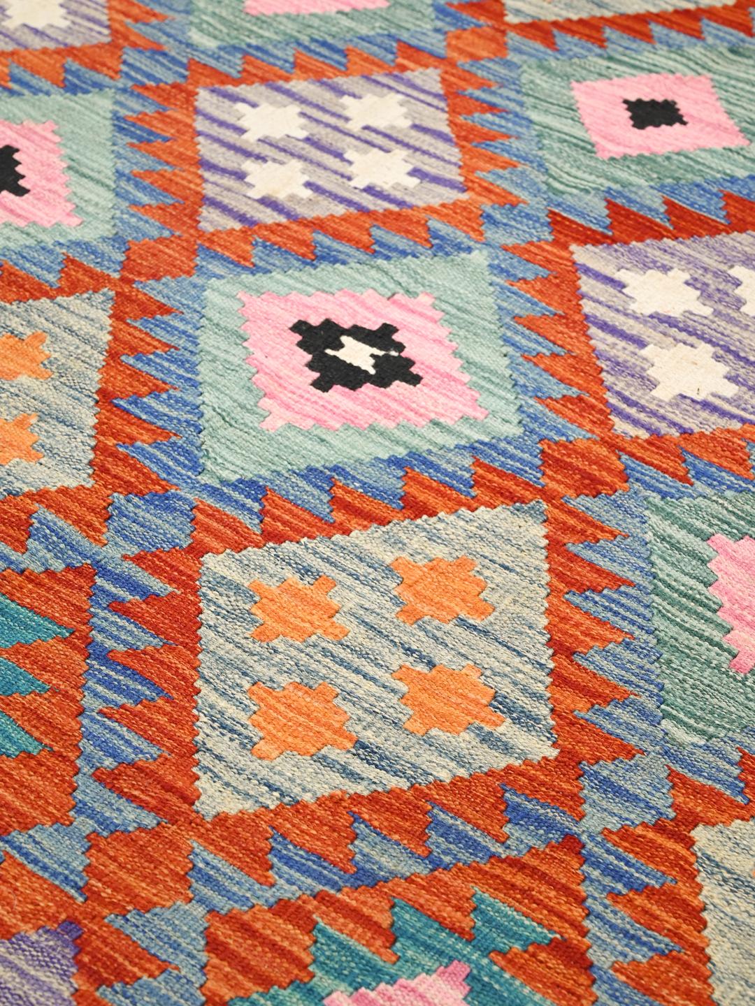 Handgeweven oranje en multicolor Afghaanse Kelim