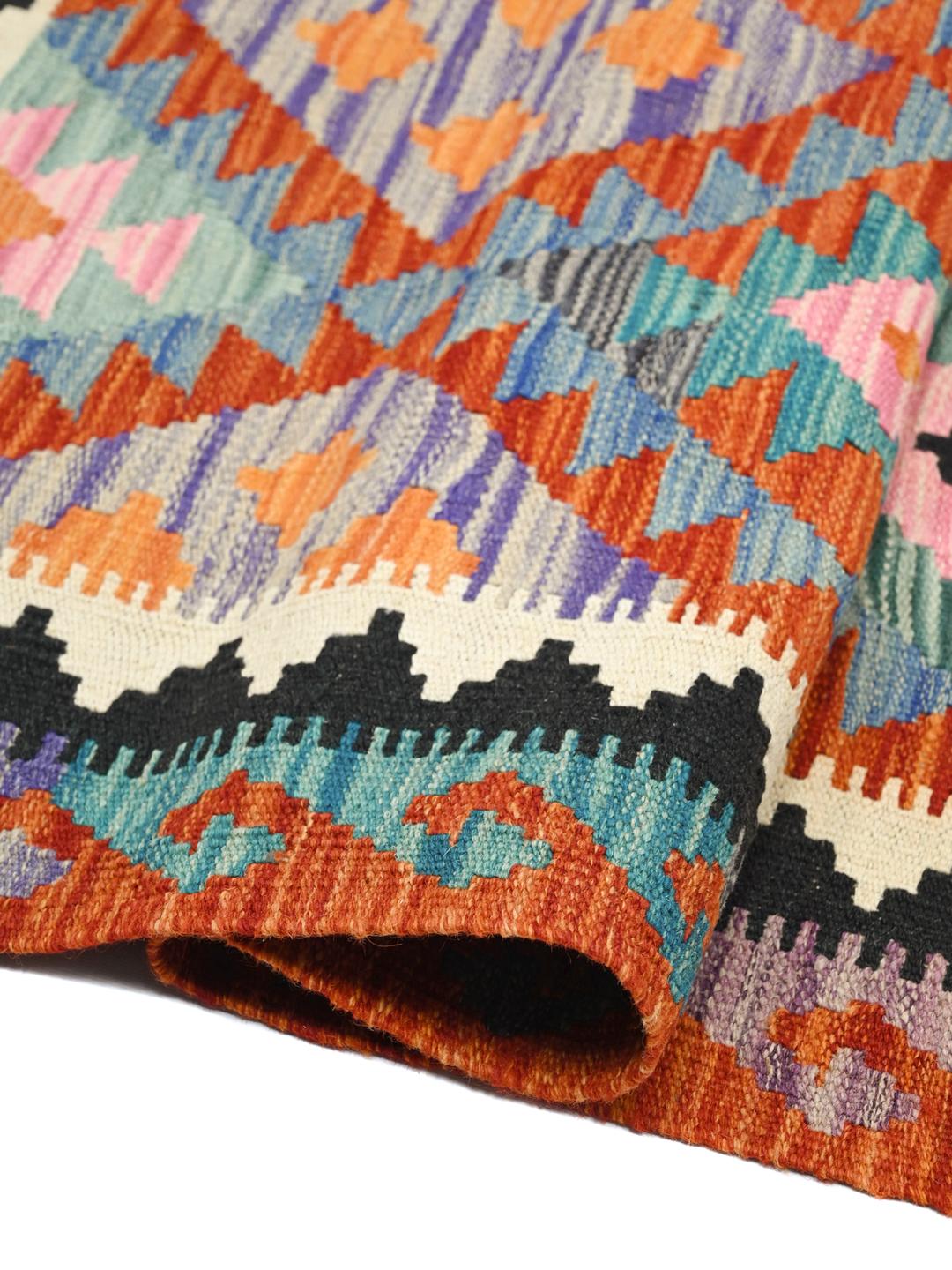 Handgeweven oranje en multicolor Afghaanse Kelim