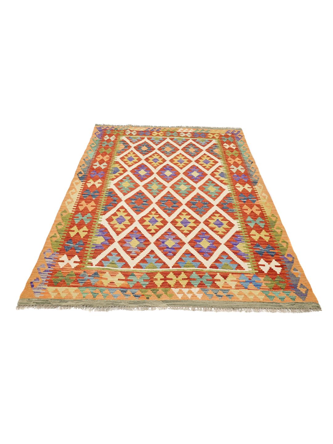 Handgeweven oranje en multicolor wollen vloerkleed uit Afghanistan