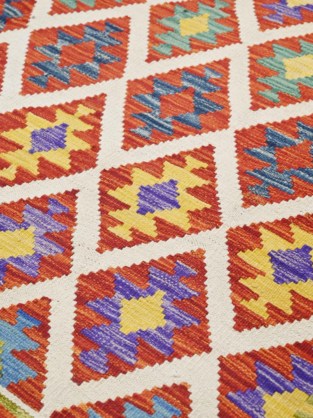 Handgeweven oranje en multicolor wollen vloerkleed uit Afghanistan