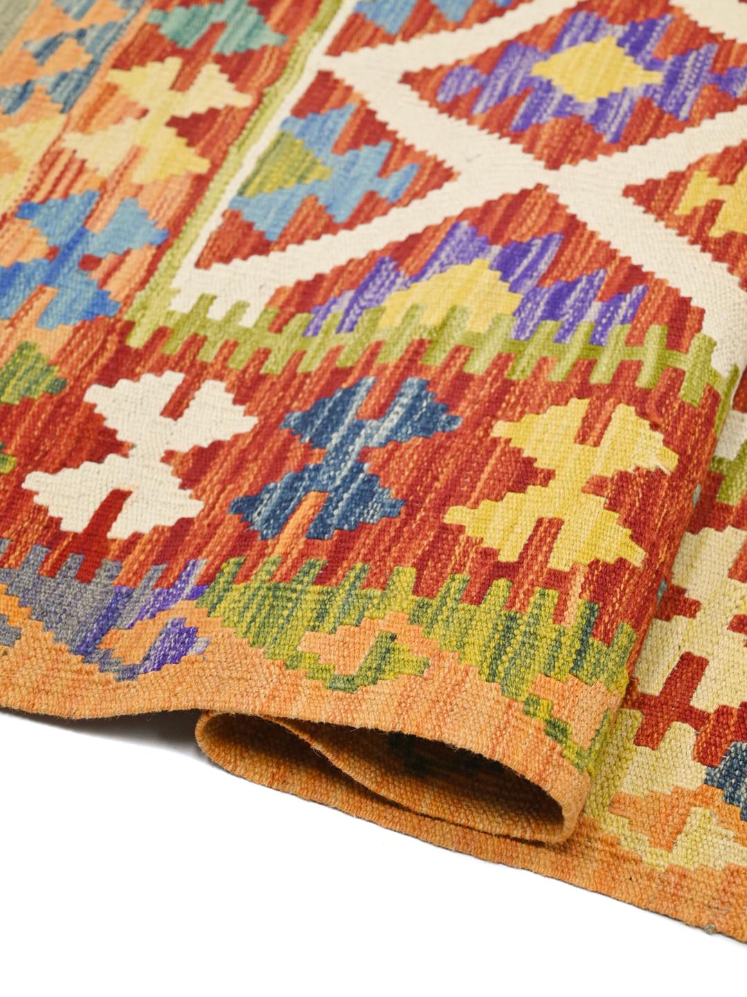 Handgeweven oranje en multicolor wollen vloerkleed uit Afghanistan
