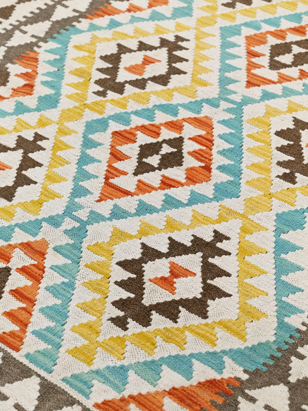 Hand-woven Afghan Kelim rug with geometric patterns in multicolor Wool