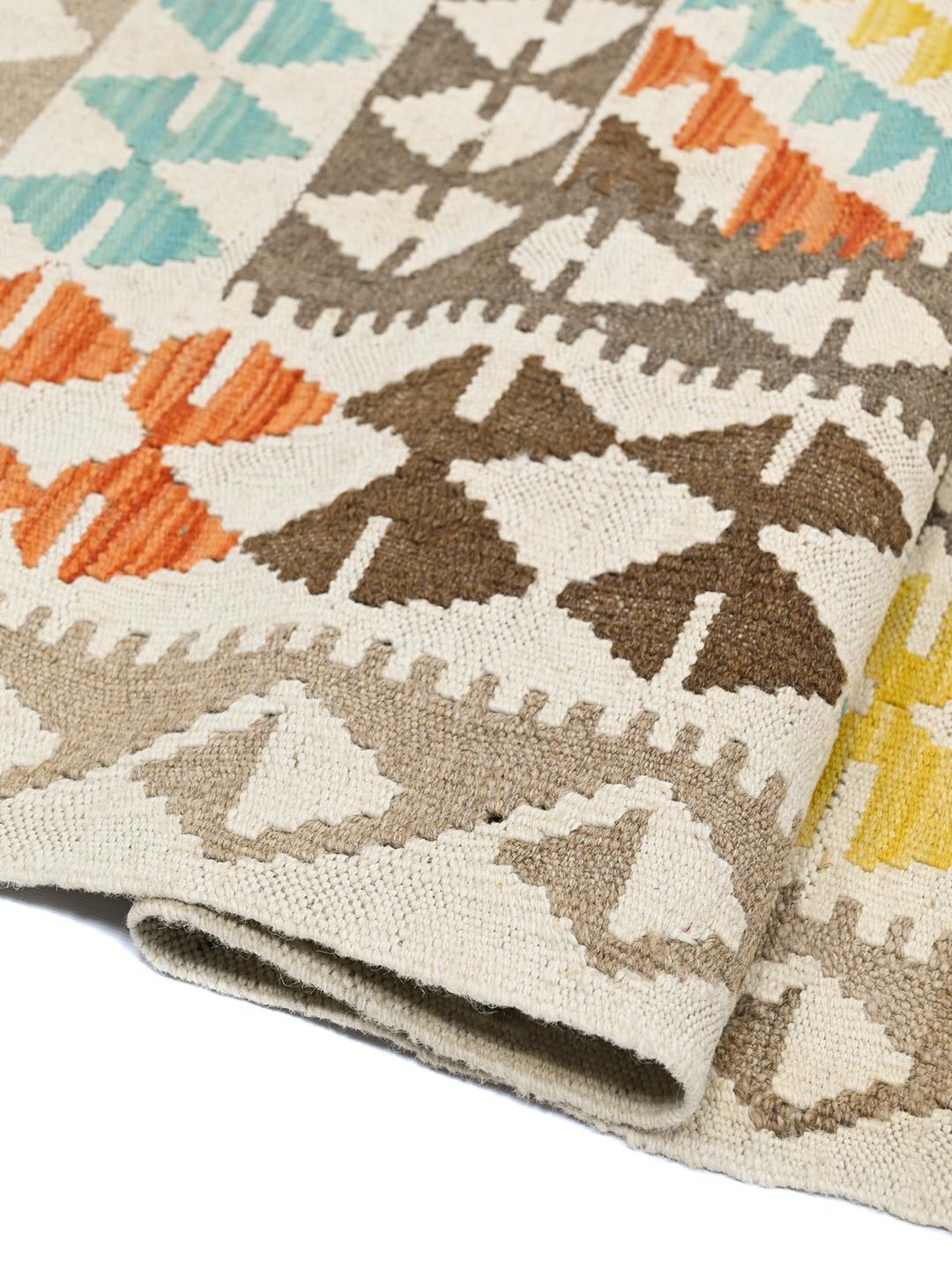 Hand-woven Afghan Kelim rug with geometric patterns in multicolor Wool