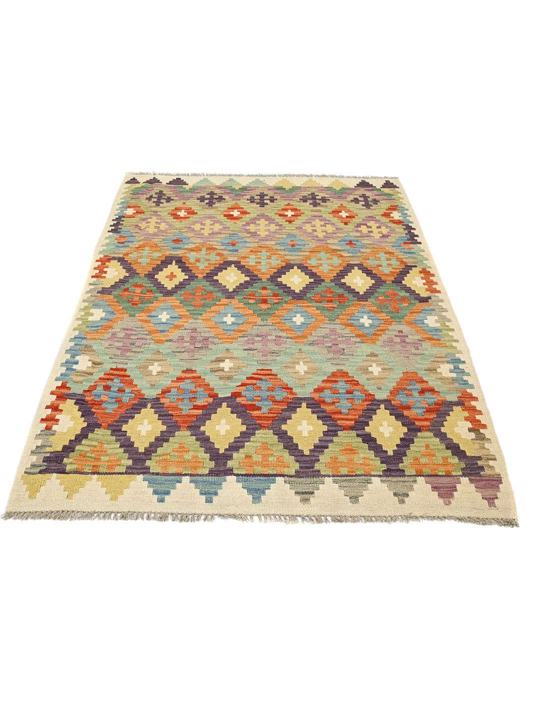 Handgeweven Afghan Kelim-kleed met levendige geometrische ruitpatronen in multicolor