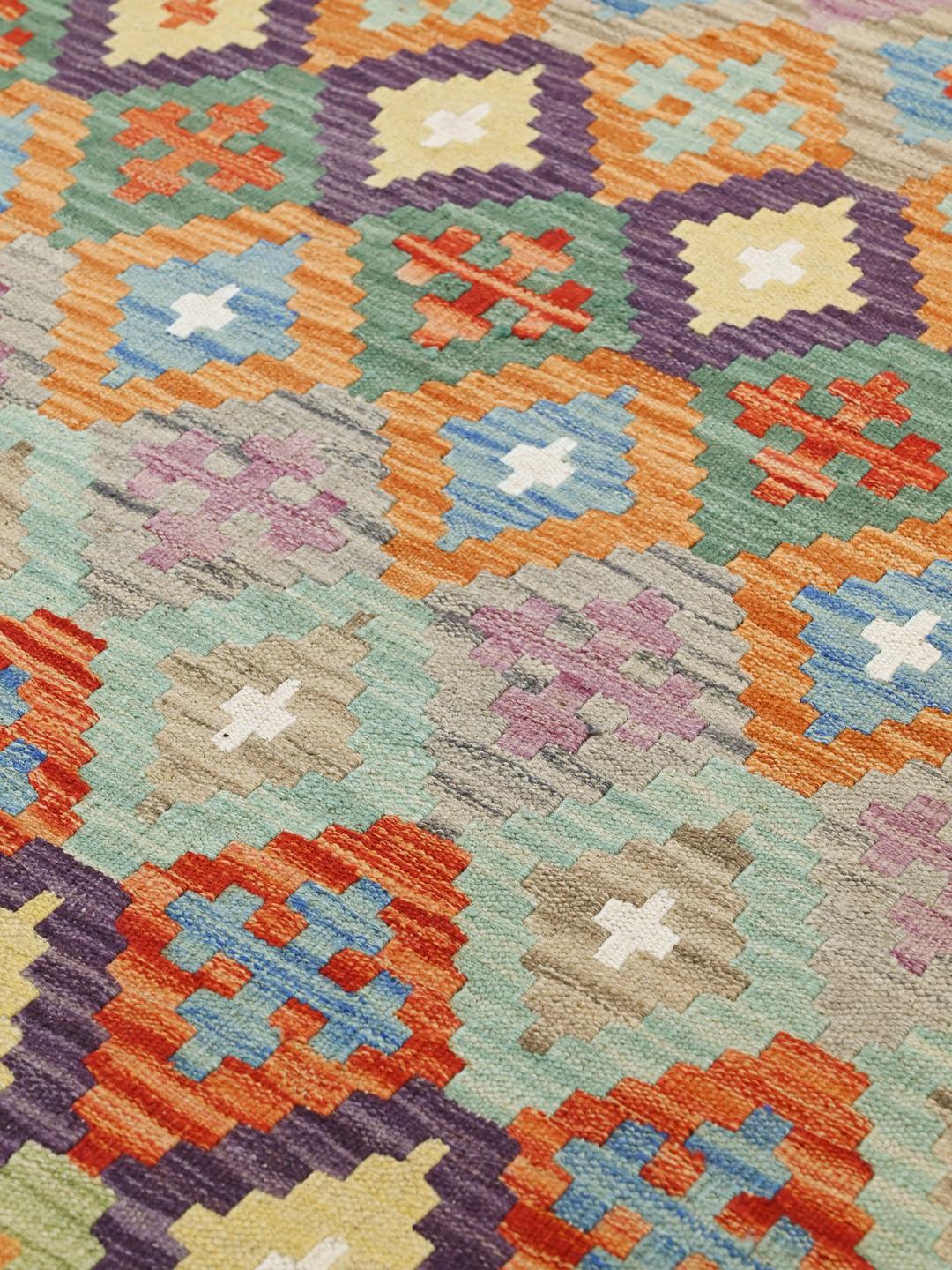 Handgeweven Afghan Kelim-kleed met levendige geometrische ruitpatronen in multicolor