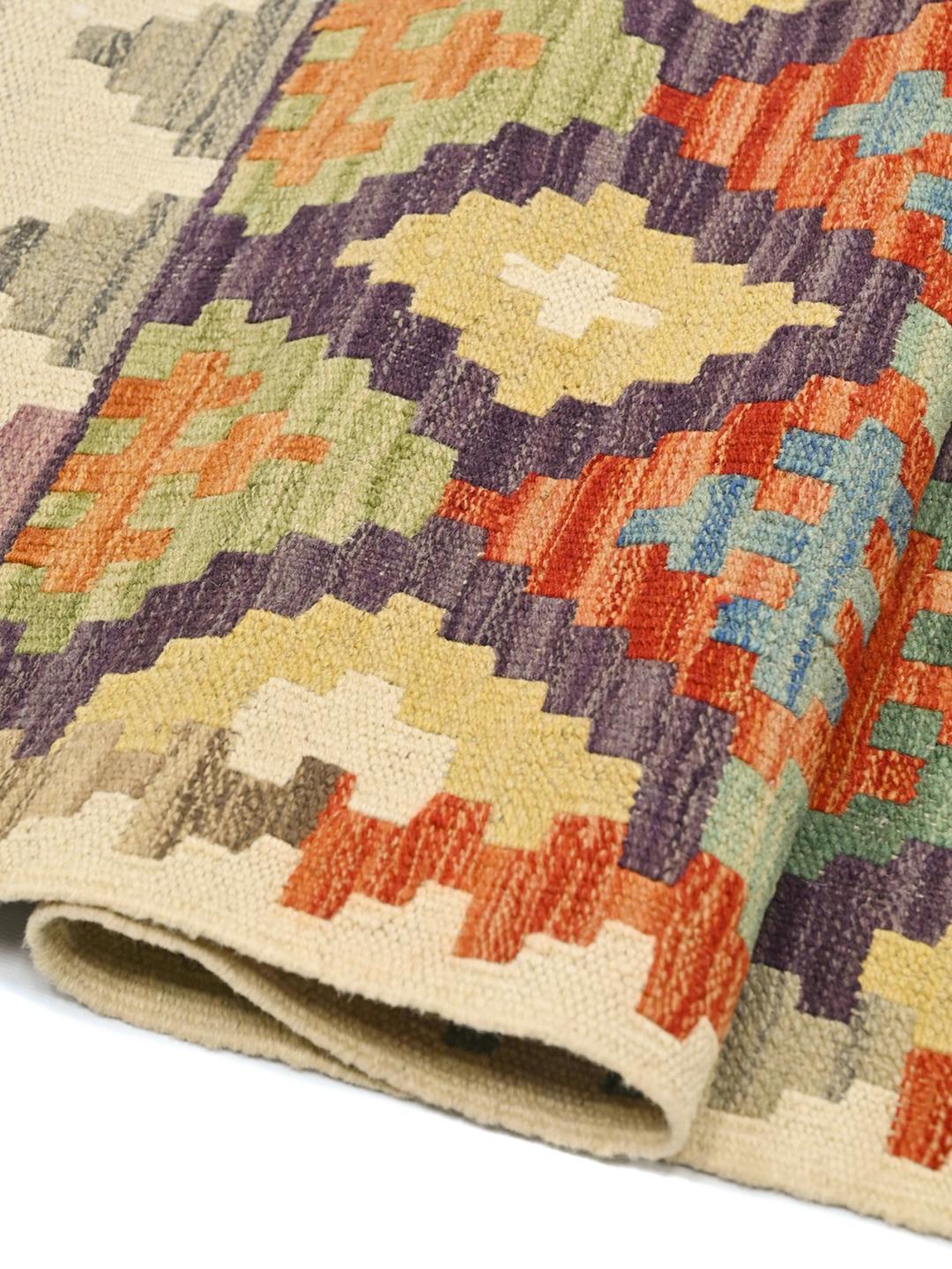 Handgeweven Afghan Kelim-kleed met levendige geometrische ruitpatronen in multicolor