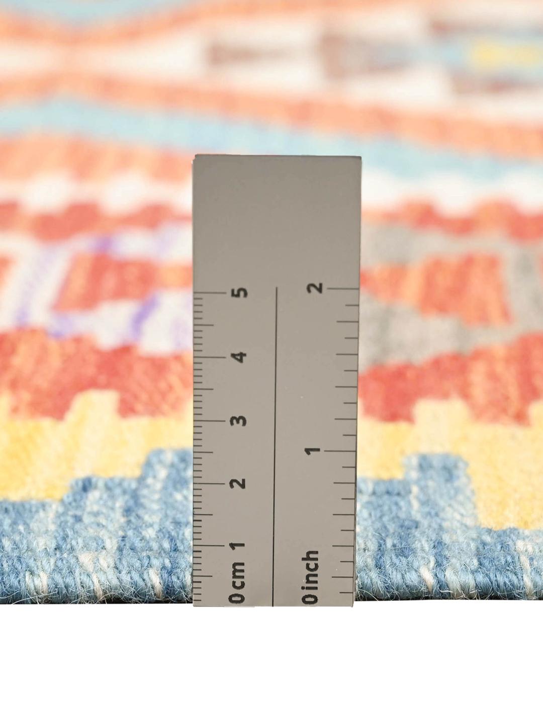 Hand-woven Afghan Kelim rug with geometric patterns in multicolour wool