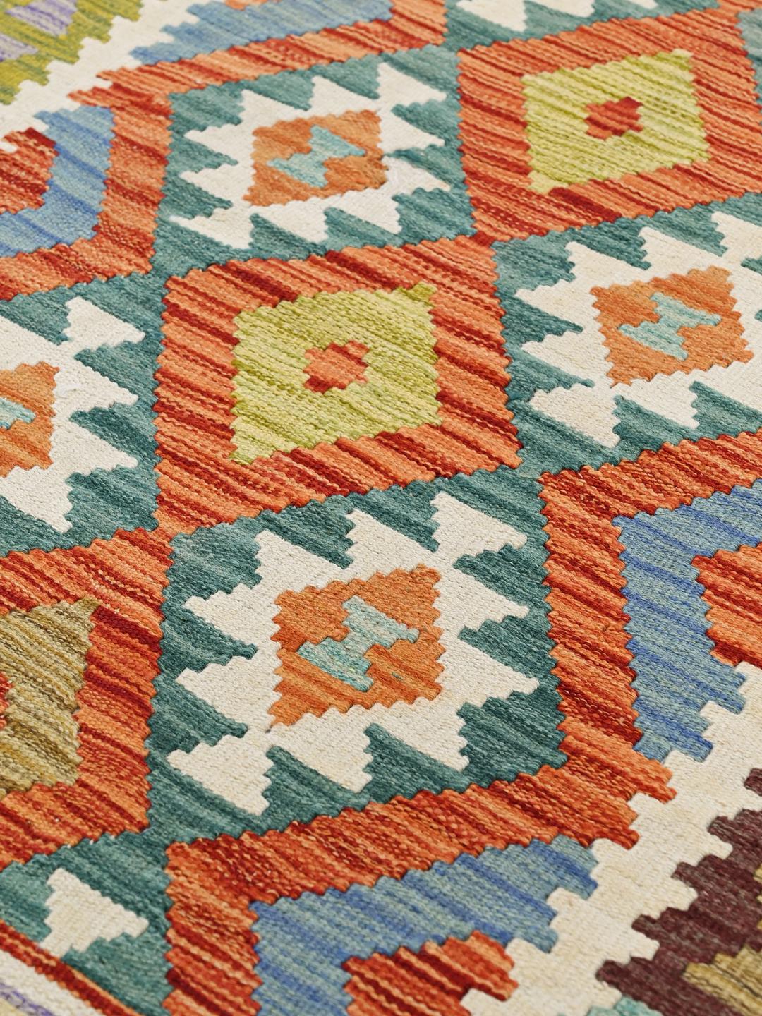Hand-woven Afghan Kelim with vibrant geometric patterns in multicolor Wool