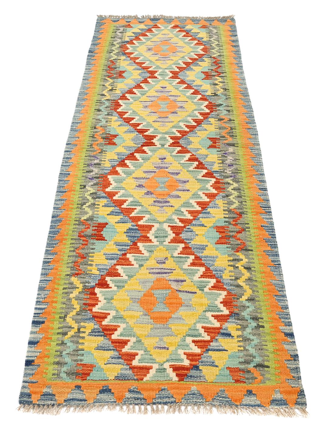 Runner afghano tessuto a mano con motivi geometrici colorati in lana multicolore.