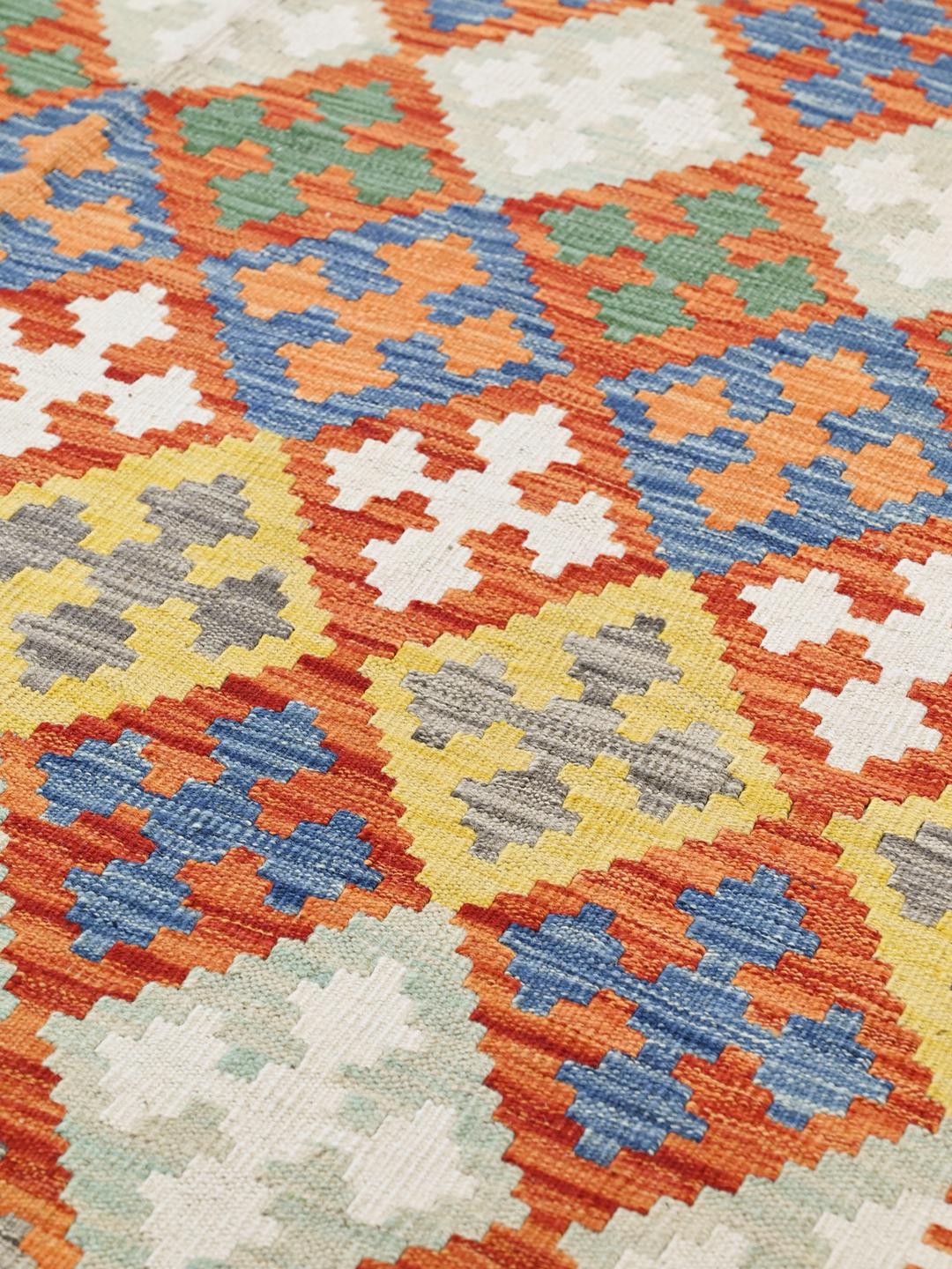 Handgeweven Afghan Kelim tapijt met een kleurrijk geometrisch ruitpatroon
