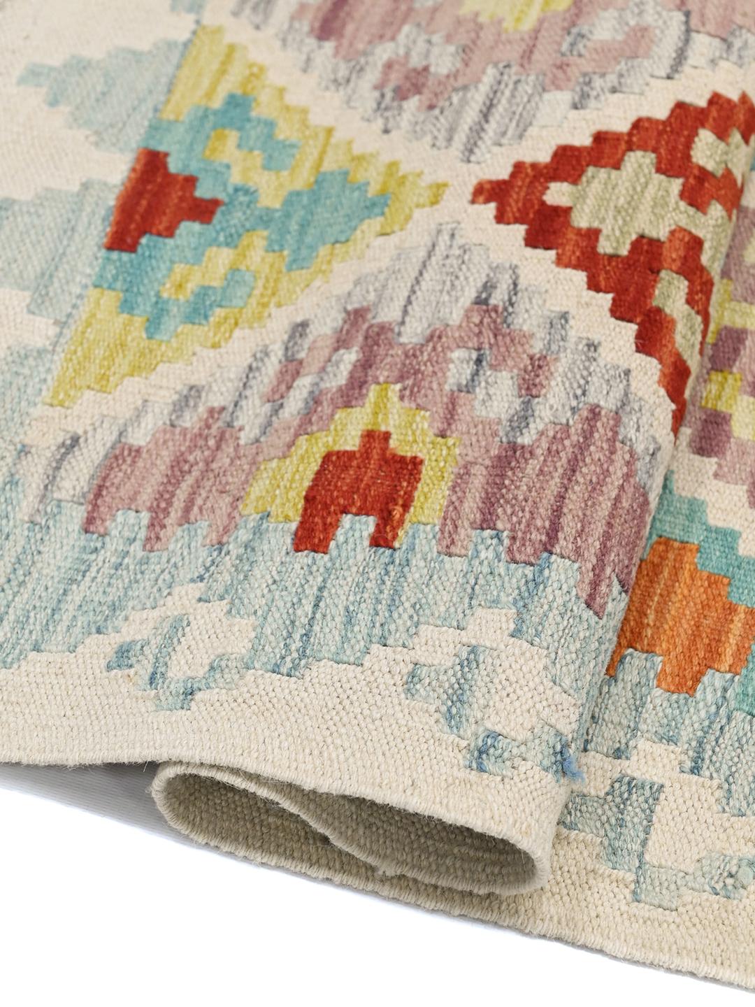 Hand-woven rectangular Afghan Kelim rug with vibrant multicolor geometric diamond patterns