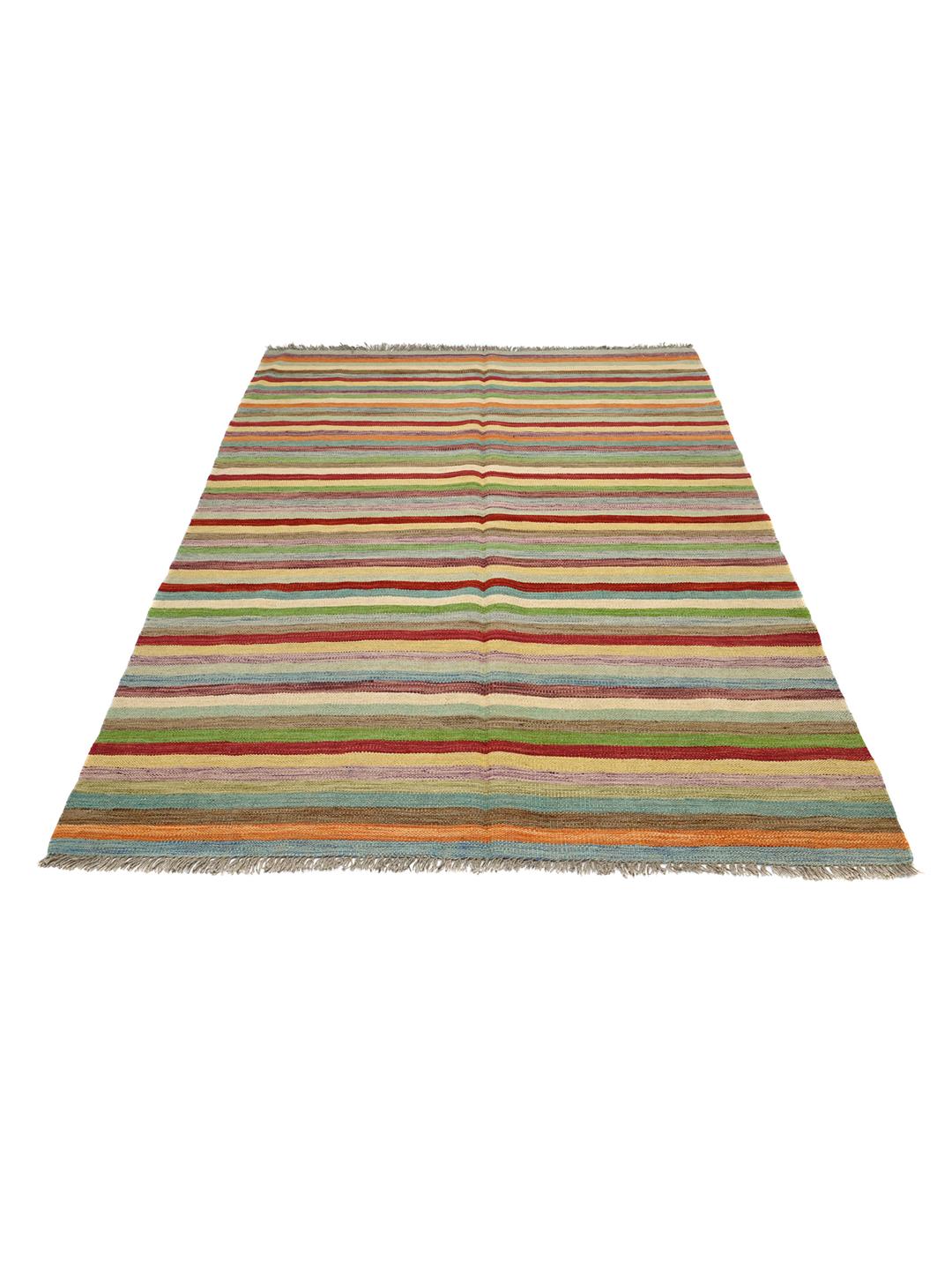 Tappeto Kilim afghano tessuto a mano con un vivace motivo a strisce multicolore