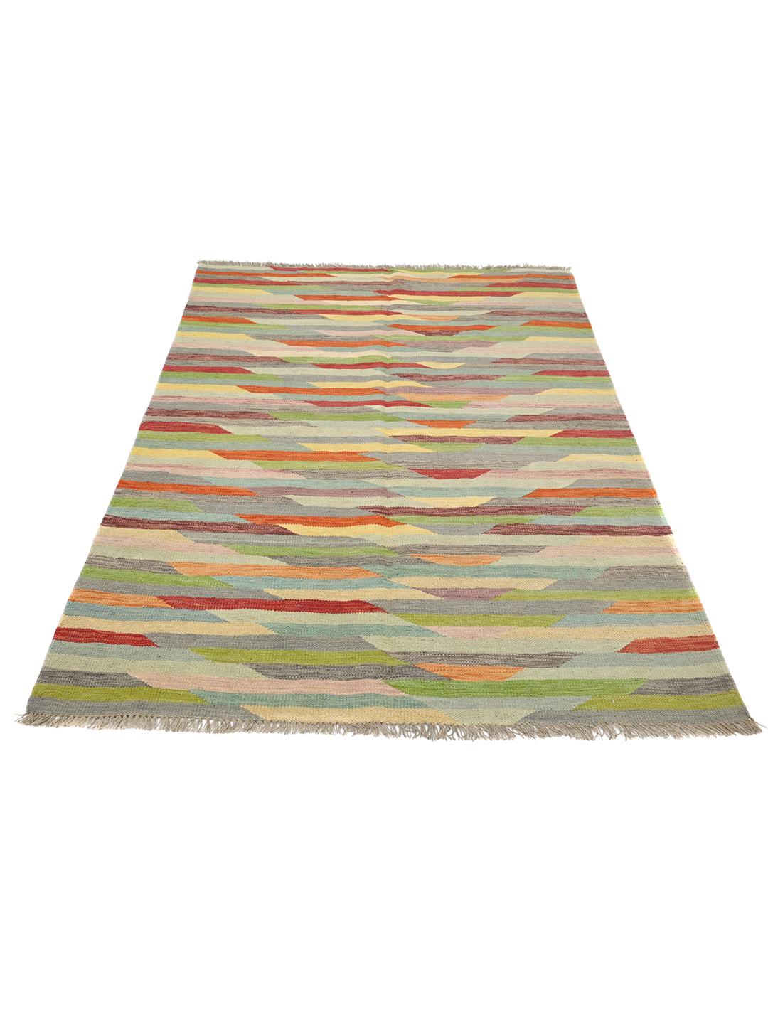 Tappeto Kilim afghano intrecciato a mano con un vibrante motivo geometrico multicolore