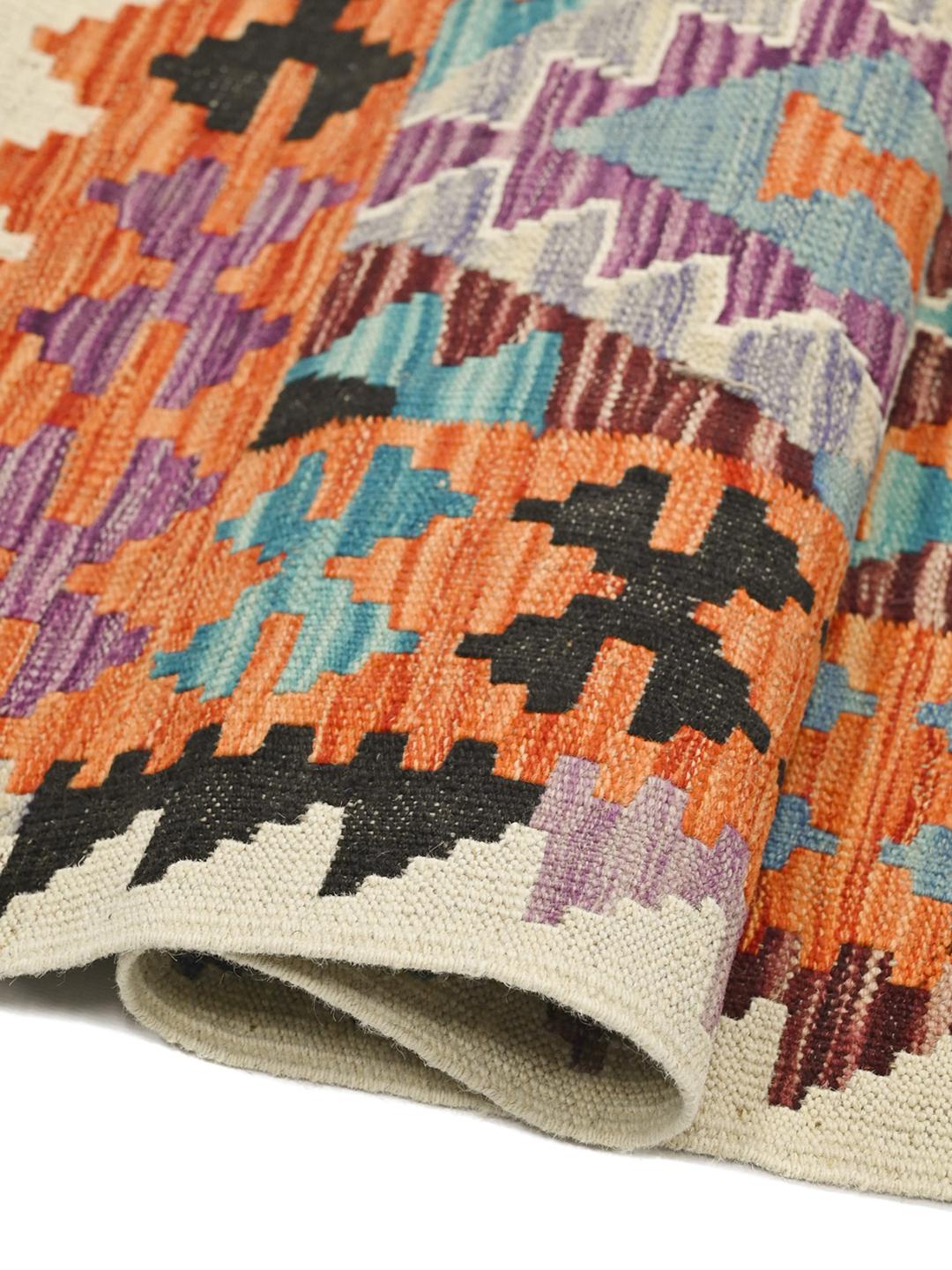 Hand-woven Kelim Afghan Old Style rug in orange and multicolor