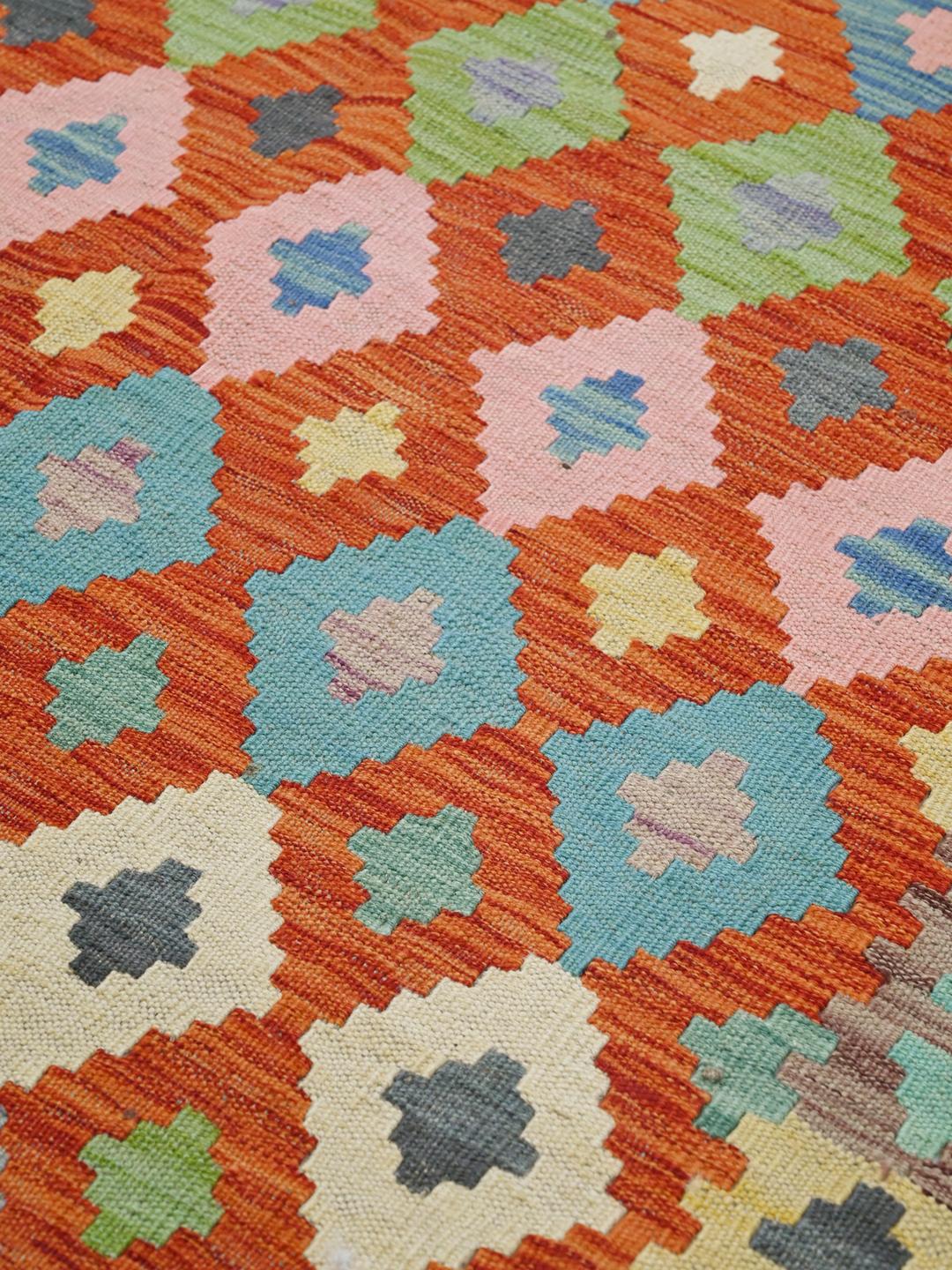 Hand-woven Kelim Afghan Old Style rug in teal and multicolour wool