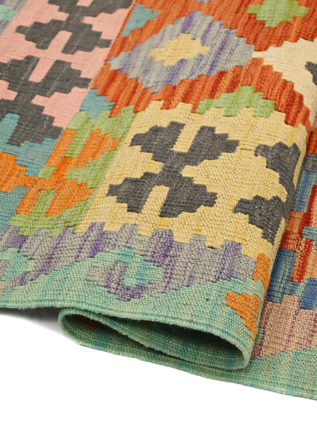 Hand-woven Kelim Afghan Old Style rug in teal and multicolour wool