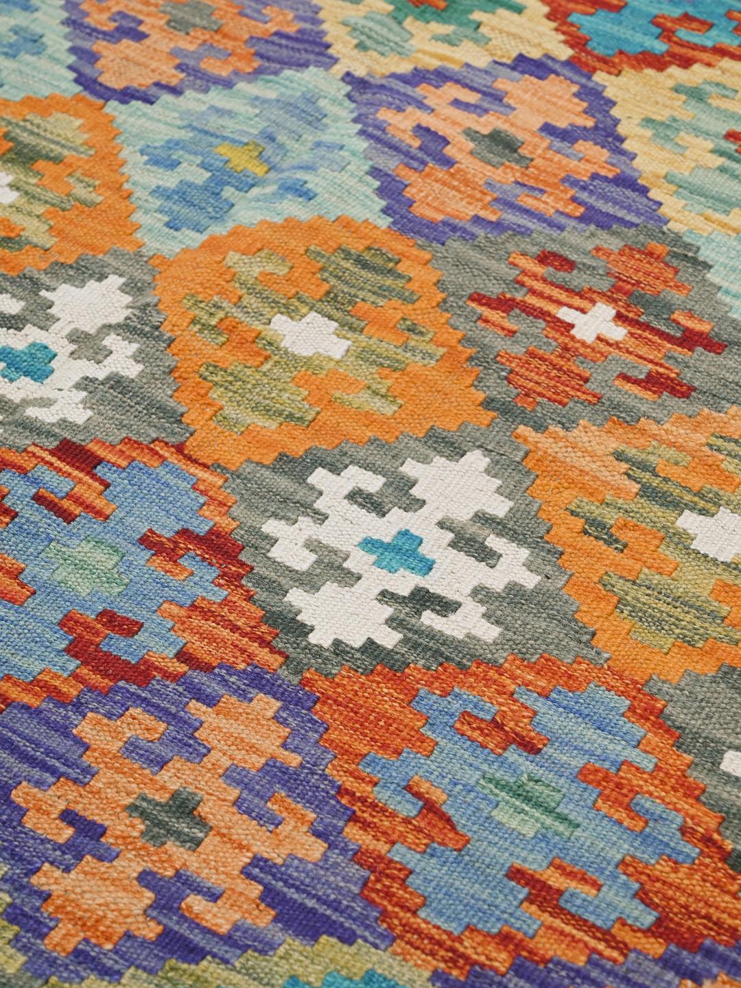 Handwoven red and multicolor Kelim Afghan Old Style rug with diamond patterns