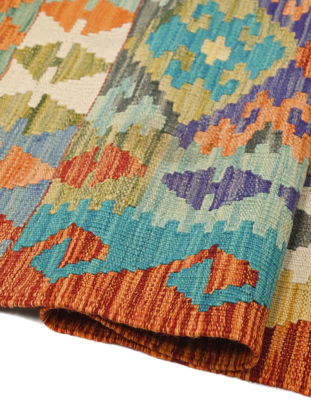 Handwoven red and multicolor Kelim Afghan Old Style rug with diamond patterns