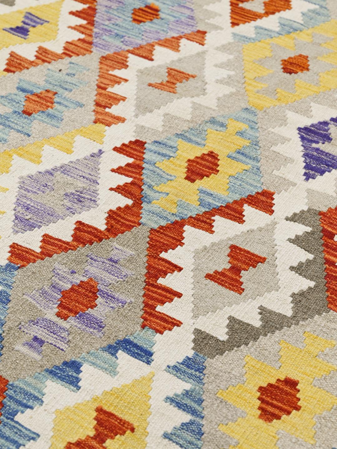 Hand-woven Kelim Afghan Old Style wool rug in beige and multicolor