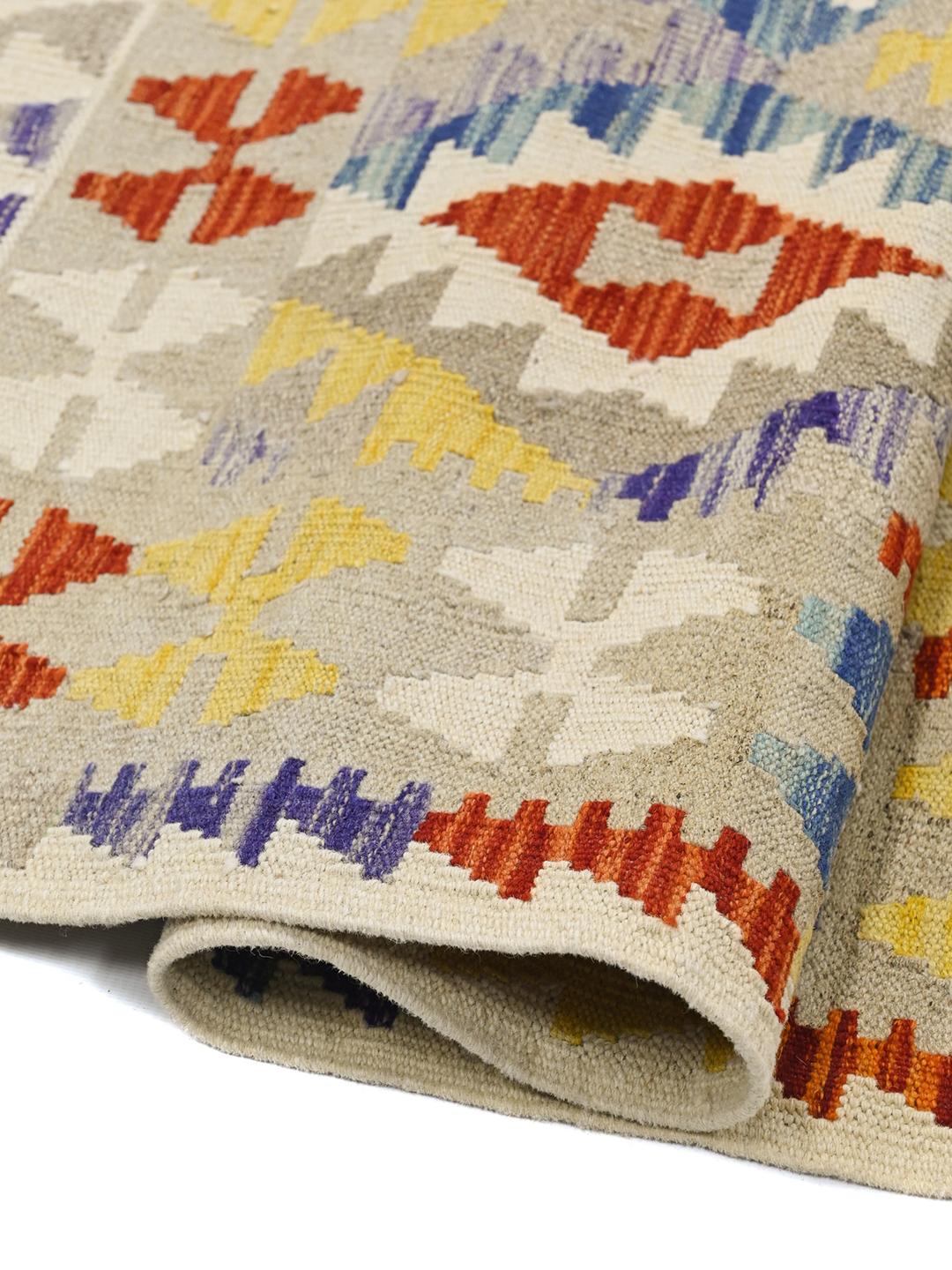 Hand-woven Kelim Afghan Old Style wool rug in beige and multicolor