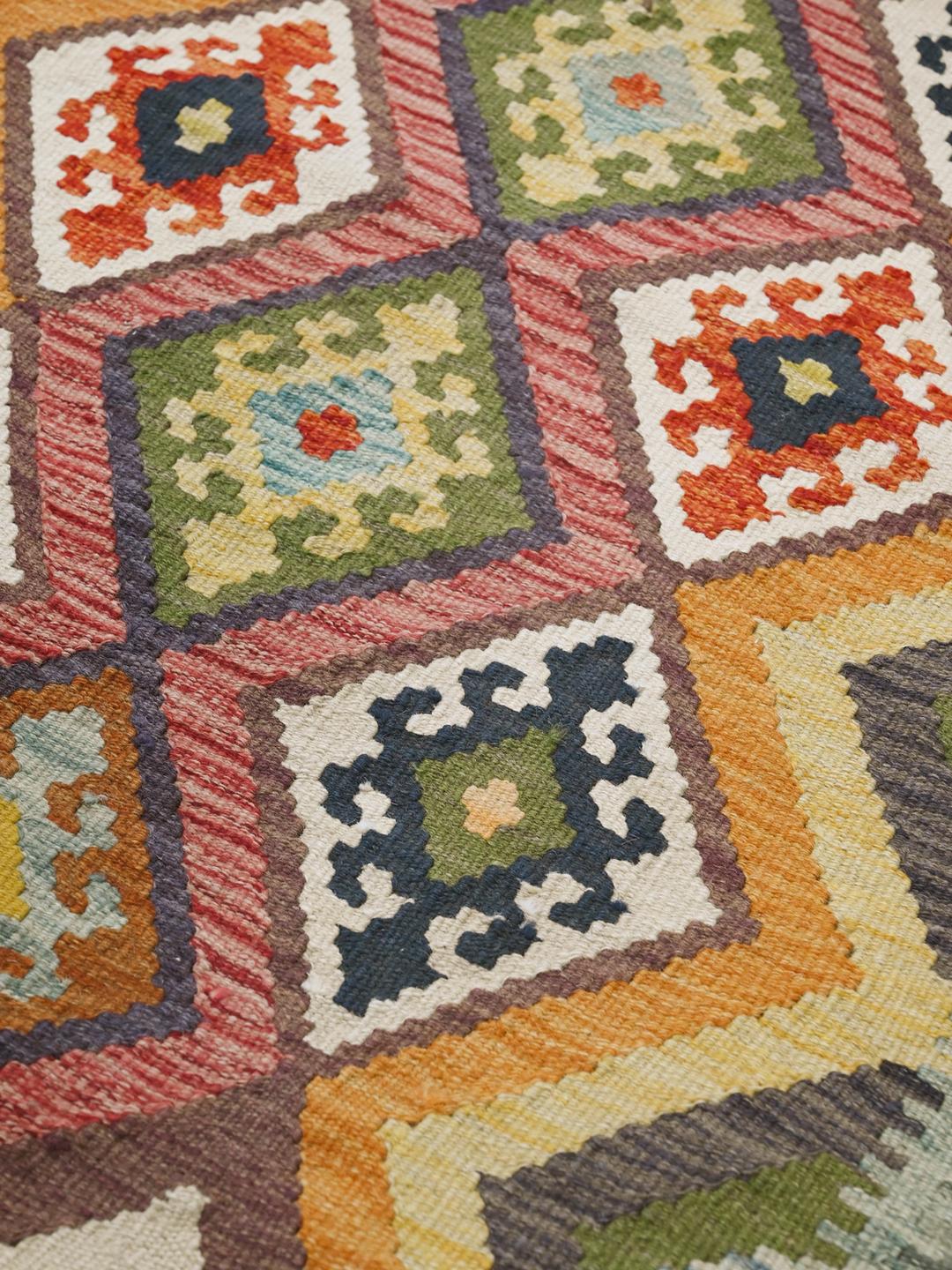 Hand-woven Kelim Afghan Old Style rug in multicolor and blue wool