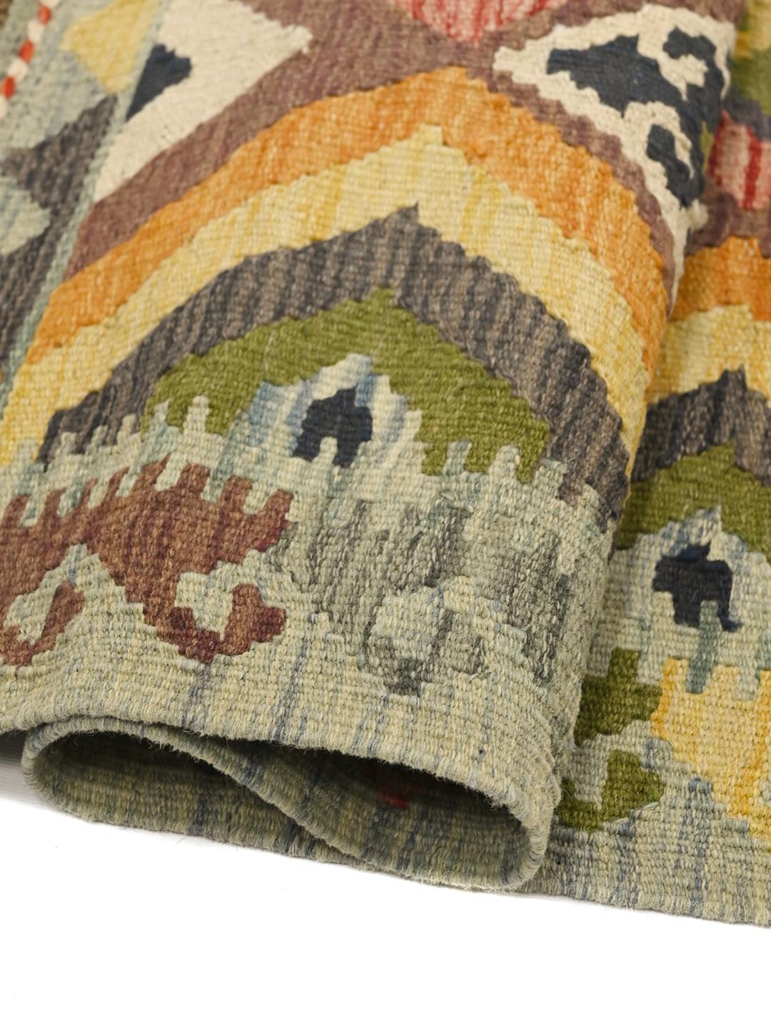 Hand-woven Kelim Afghan Old Style rug in multicolor and blue wool