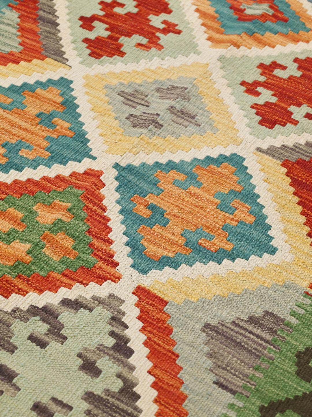 Hand-woven Kelim Afghan Old Style wool rug from Afghanistan in multicolor and black
