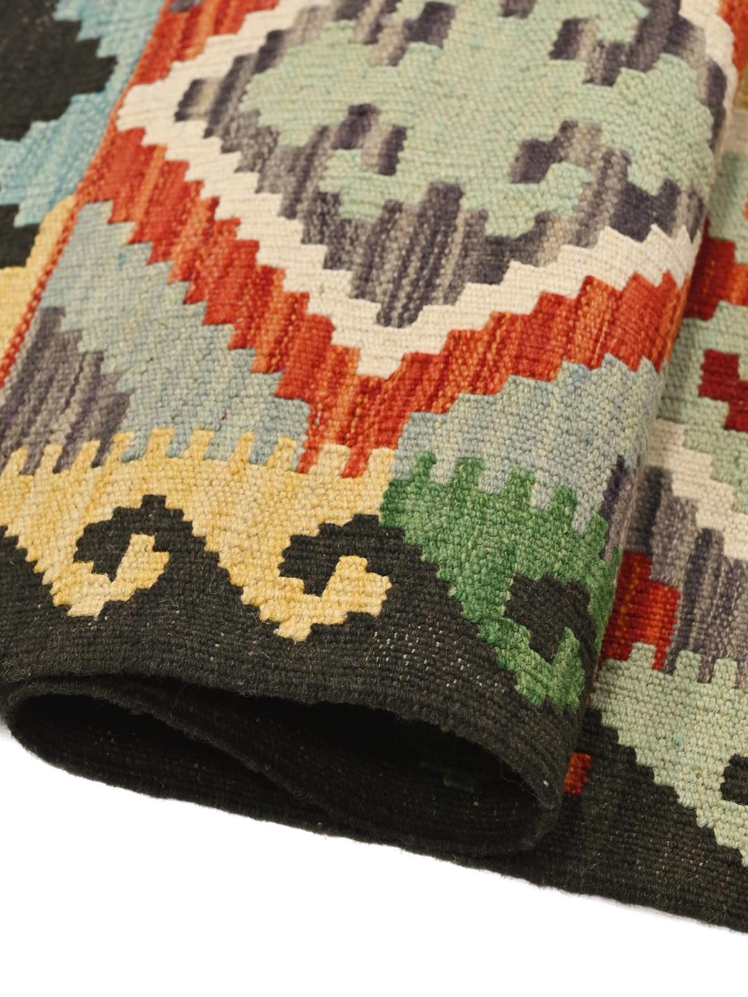 Hand-woven Kelim Afghan Old Style wool rug from Afghanistan in multicolor and black