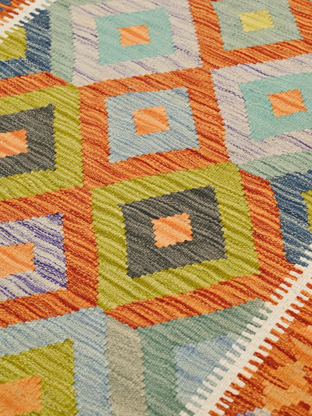 Hand-woven Kelim Afghan Old Style rug in orange and blue with geometric diamond patterns