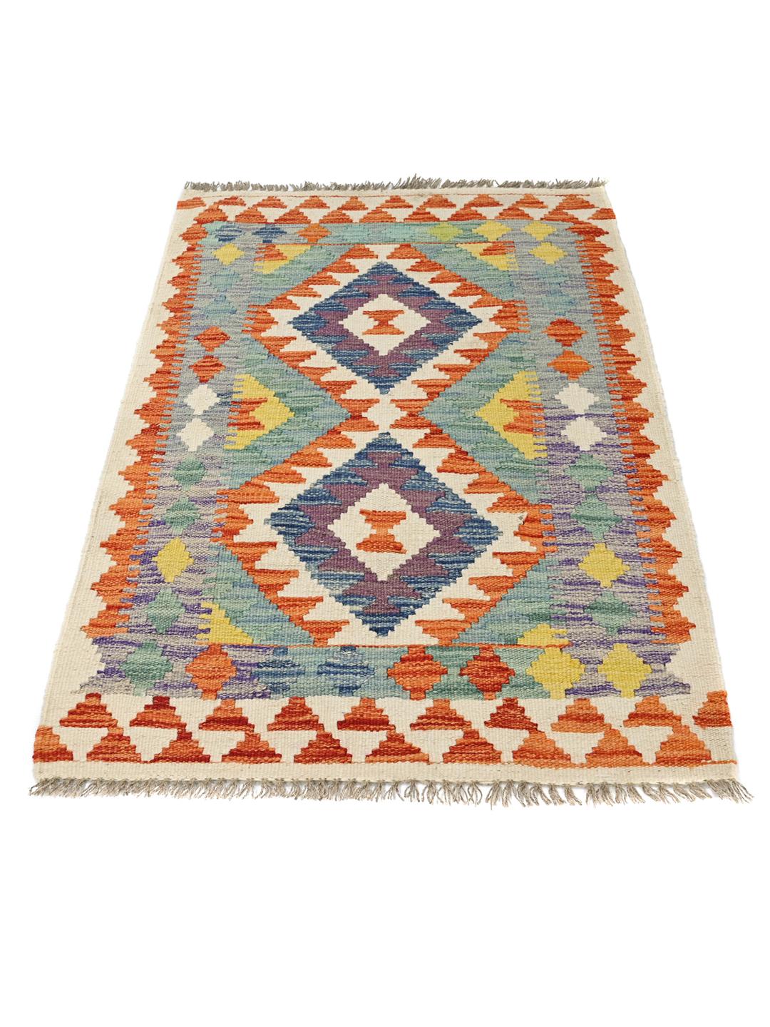 Hand-woven Kelim Afghan rug in multicolor wool with tribal diamond patterns
