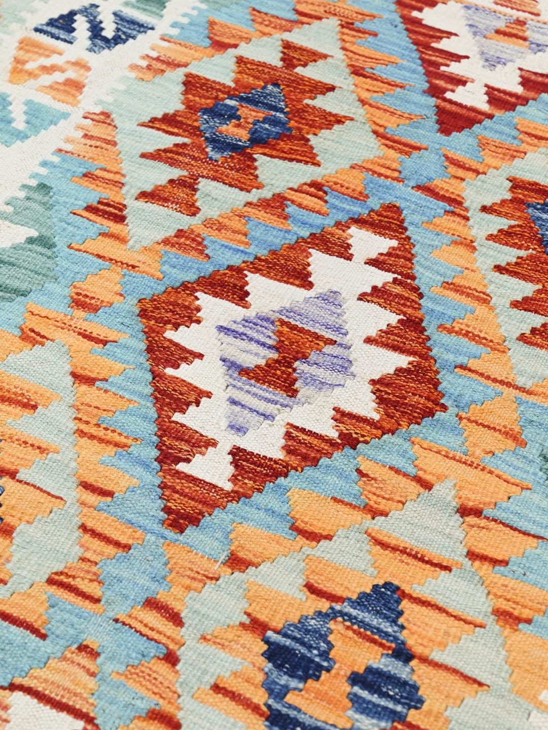 Hand-woven Kelim Afghan Old Style wool rug in orange and blue