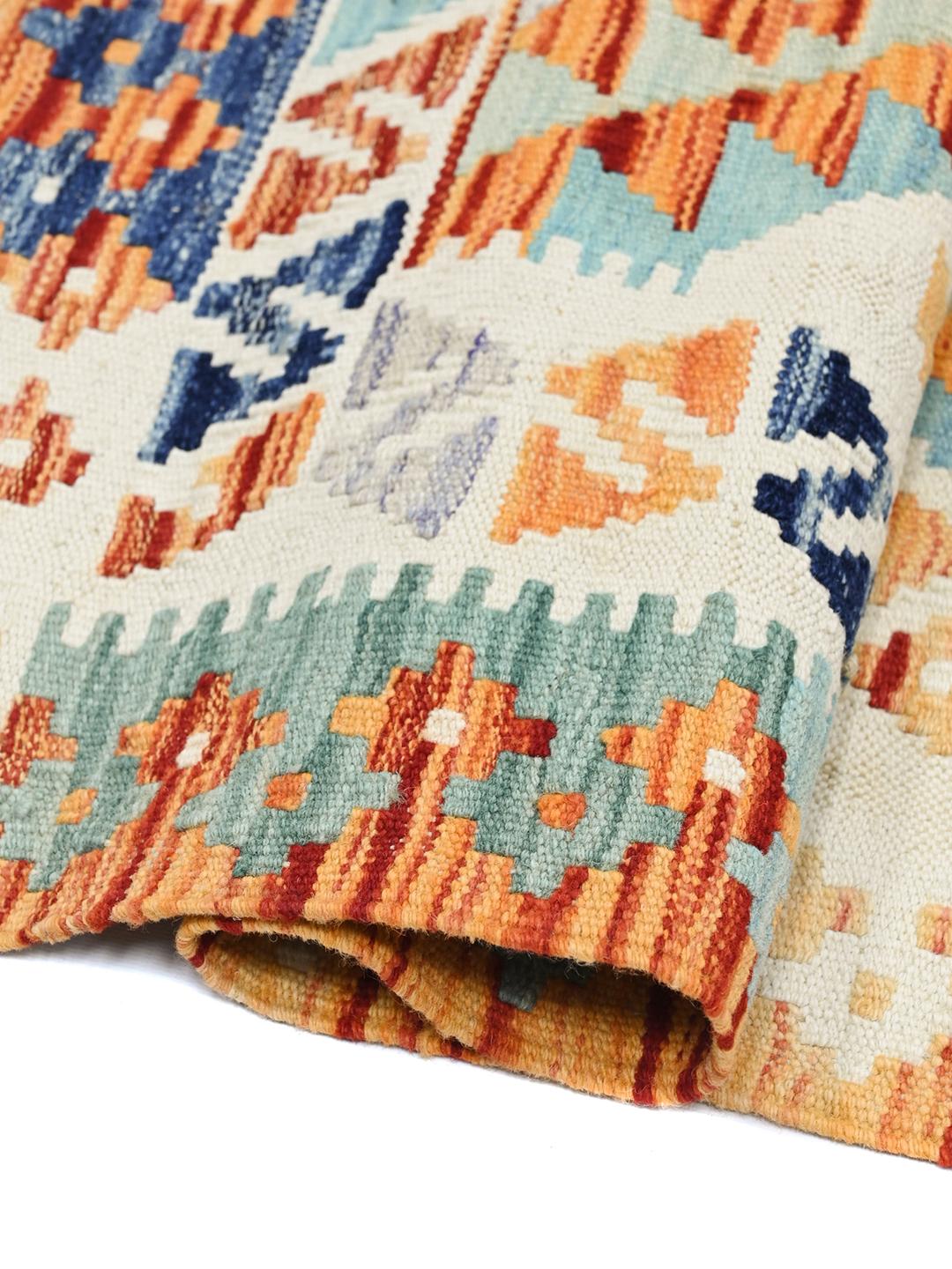 Hand-woven Kelim Afghan Old Style wool rug in orange and blue