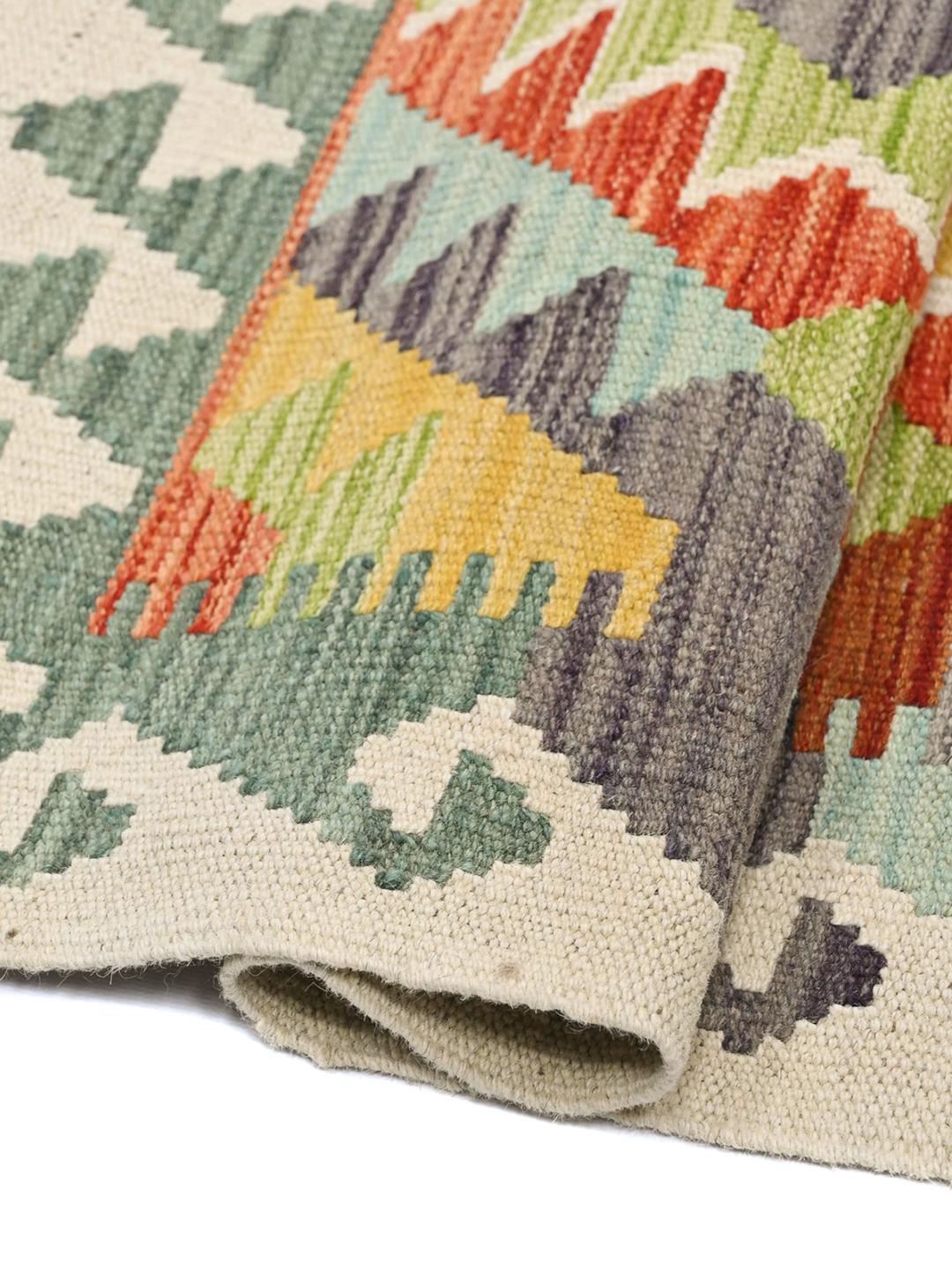 Handwoven Kelim Afghan Old Style rug in multicolor and beige wool