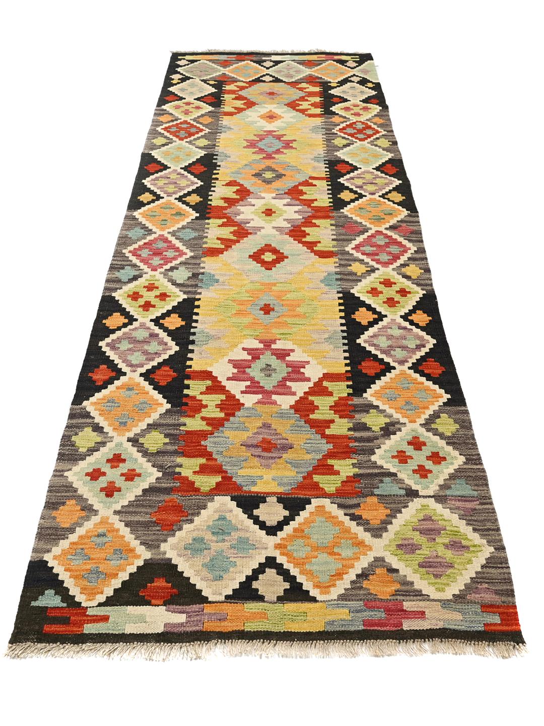 Tapis Kelim Afghan Old Style tissé à la main en laine noire et multicolore