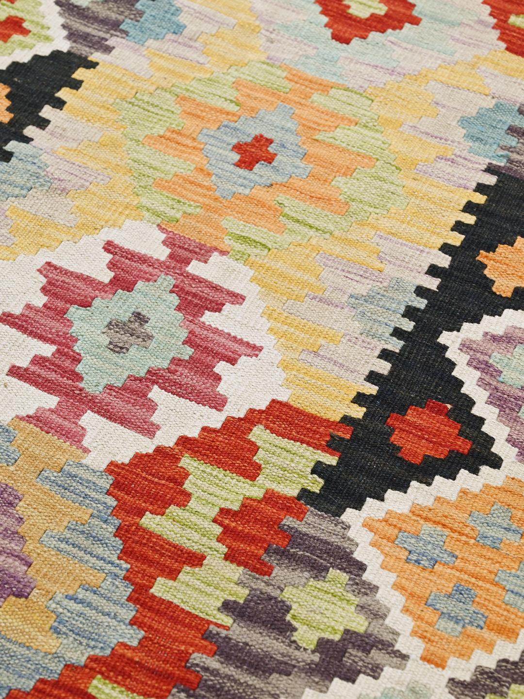Tapis Kelim Afghan Old Style tissé à la main en laine noire et multicolore