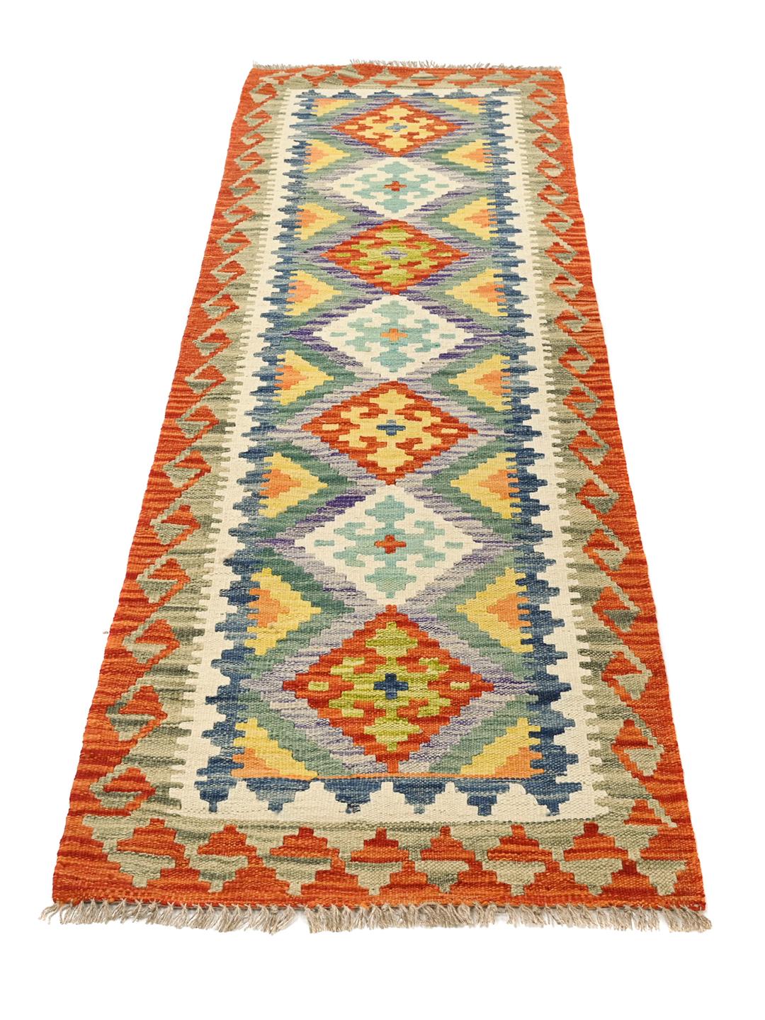 Hand-woven Kelim Afghan wool runner rug in orange and multicolor
