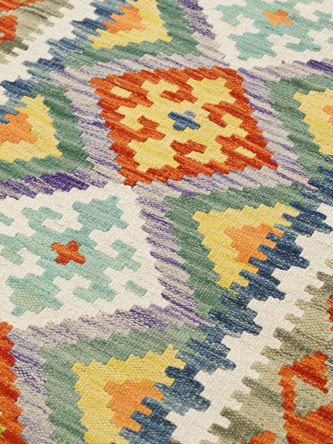 Hand-woven Kelim Afghan wool runner rug in orange and multicolor