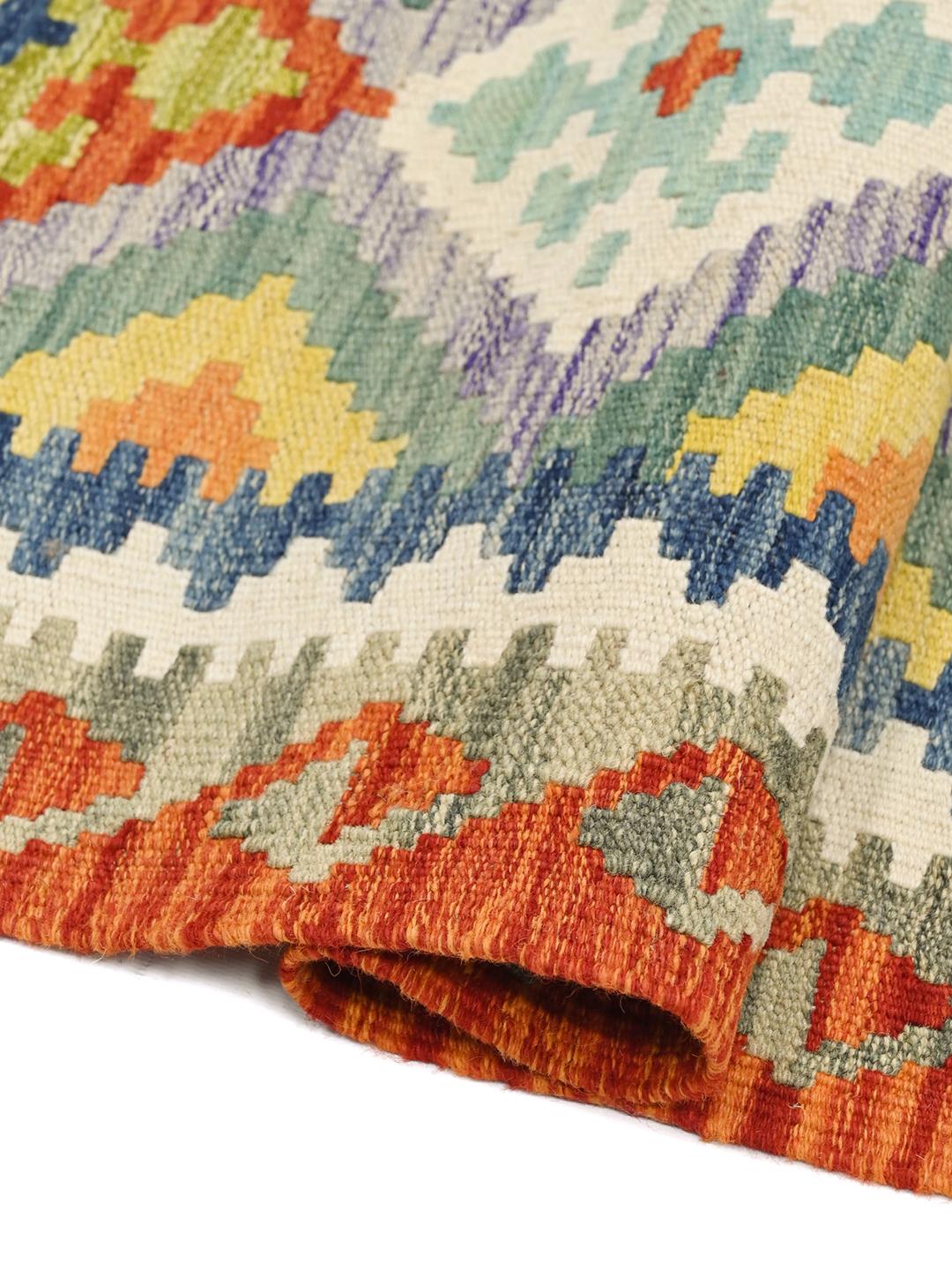 Hand-woven Kelim Afghan wool runner rug in orange and multicolor